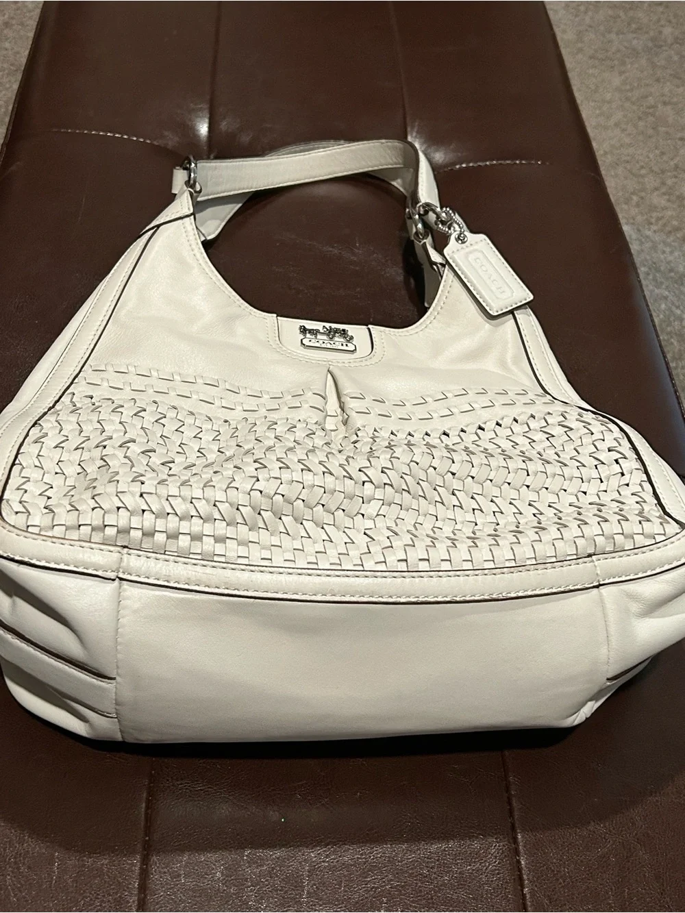 Coach Madison, Maggie, and winter white/parchment/Cream Woven Leather Hobo Bag-